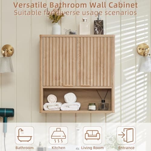 LEYAOYAO Fluted Bathroom Wall Cabinet, Wall-Mounted Medicine Cabinet with Adjustable Shelf & Doors, Farmhouse Floating Over the Toilet Storage Cabinets for Laundry Room, Kitchen, Living Room (Natural) - Thumbnail 5