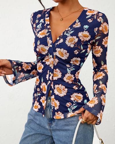 BTFBM Button Down Shirts for Women 2026 Spring Boho Tops V Neck Long Sleeve Blouses Ruched Mesh Fitted Fashion Clothing(Blue, X-Large) - Thumbnail 5