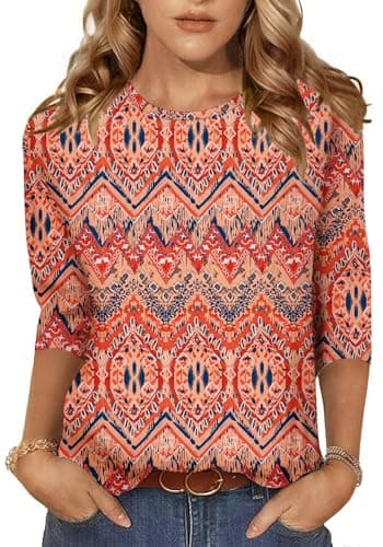 NORACORA Women's 3/4 Length Sleeve Crew Neck T-Shirt - Printed Casual Basic Tops - Image 1