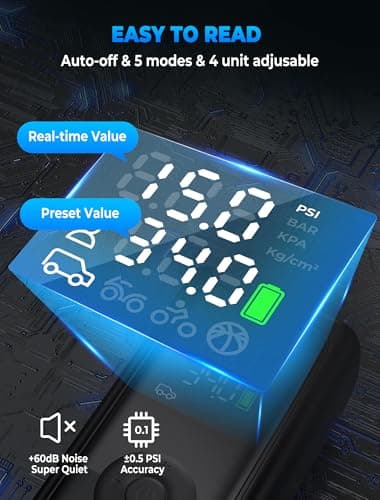 Tire Inflator Portable Air Compressor, 150PSI Cordless Car Tire Pump, Auto-Off & 3 LED Light, 10000mAh Battery Powered Air Pump for Car, Motorcycle, Bike, Balls & More - Thumbnail 4