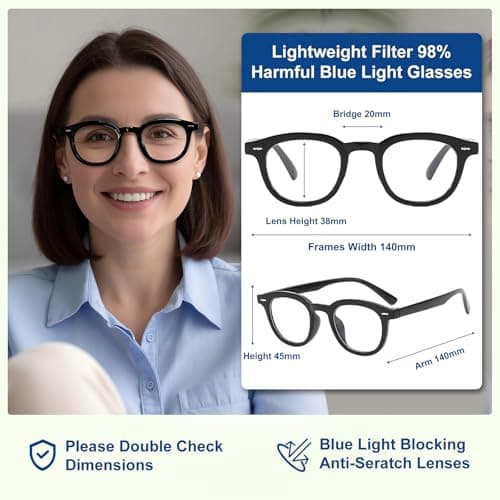 Nuanho Blue Light Glasses for Woman Men, Round Computer Glasses Anti Eyestrain for Better Sleep with Clear Lens & TR90 Frames(A2 Light Black) - Thumbnail 3