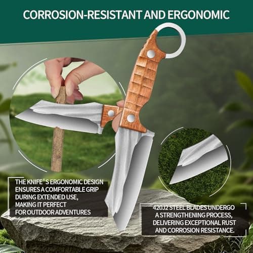 Plys 3-Piece Fixed Blade Hunting Knife Set, 420J2 Stainless Steel Full Tang Survival Knives, Rosewood Non-Slip Handle, Outdoor Camping Hiking Kitchen Knife Not Sheath - Thumbnail 4