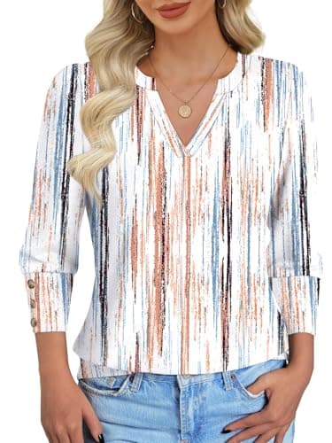 NORACORA Womens Tops 3/4 Sleeve Printed Dressy Casual Blouses for Women V Neck T Shirts Beach Vacation Boho Floral Spring Summer Outfits Brown-Blue Stripes XXL - Thumbnail 4