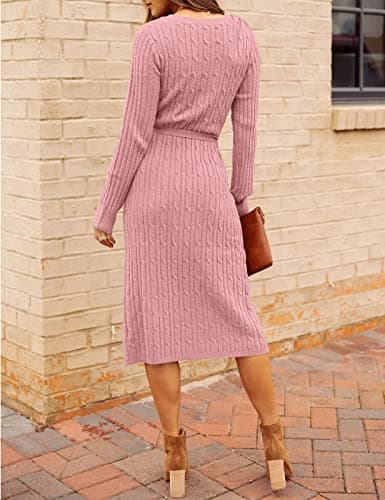 MEROKEETY Women's 2025 Fall Long Sleeve Bodycon Sweater Dress Winter V Neck Cable Knit Slit Midi Dresses, Dustypink, M - Thumbnail 4