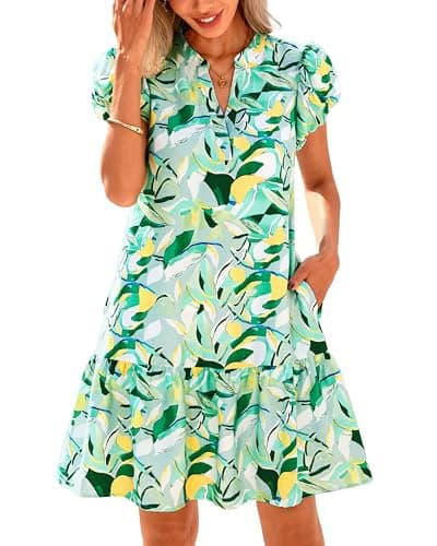 dowerme Womens Summer Dresses 2026 Puffy Sleeve V Neck Loose Floral Print A Line Boho Mini Babydoll Dress with Pockets(Green,Small) - Image 1