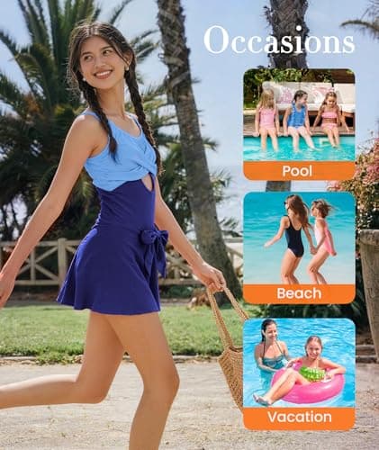 MFAVIP Girls One Piece Swimsuits Teen Bathing Suit Blue Ruffle Swim Dress Adjustable Straps Size 9-16 - Thumbnail 6