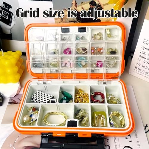Multi-compartment portable jewelry folding box, for rings, necklaces, hairpins, travel jewelry box case, sewing needles and threads, fishing tackle organization ((Orange (30 spaces))) - Thumbnail 2