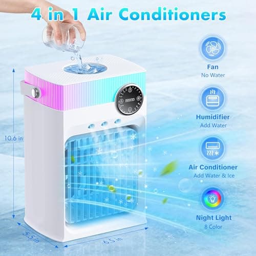 Portable Air Conditioners, Mini Portable AC Unit for Bedroom, 1200ML Small Cooling Fan with Remote, 3 Mist, 3 Speed, 8 Light, 2-8H Timer Personal Cooler Fans for Office Camping Car Desk(Pure White) - Thumbnail 2