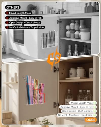 8" Acrylic Straw Holder for Cabinet Door – Wall Mounted Straw Organizer with Height Dividers, Adhesive Kitchen Accessories Storage Rack for Inside Cabinet or Cupboard Door - Thumbnail 4