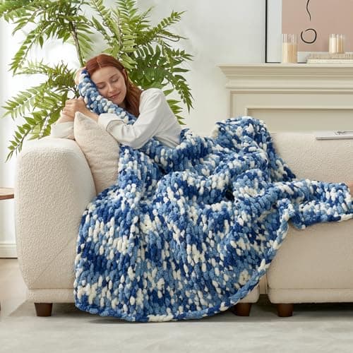 Amélie Home Chunky Knit Throw Blanket for Couch, Soft Chenille Crochet Blanket for Sofa, 50"x60", Space-Dyed Blue - Thumbnail 3