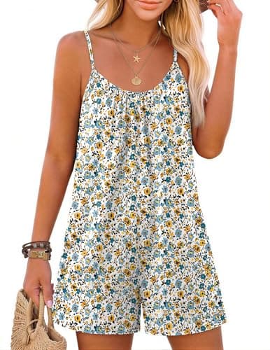 Ekouaer Summer Rompers for Women Boho Beach Vacation Outfits Sleeveless Loose Shorts Overalls 2026 Jumpsuit With Pockets A-white Floral S - Image 1