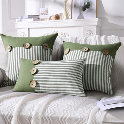 ASPMIZ Linen Throw Pillow Covers 20x12 Set of 2, Boho Farmhouse Couch Pillow Cover with Rustic Buttons, Soft Decorative Cushion Covers for Sofa, Bedroom, Living Room, Home Decor, Green - Thumbnail 3