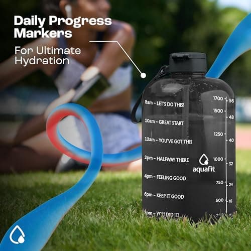 AQUAFIT Half Gallon Water Bottle with Time Marker - Straw & Chug Lid - BPA Free Gym Water Bottle with Straw - Big Gallon Jug (Clarity, 64 oz - 2 Lids) - Thumbnail 6