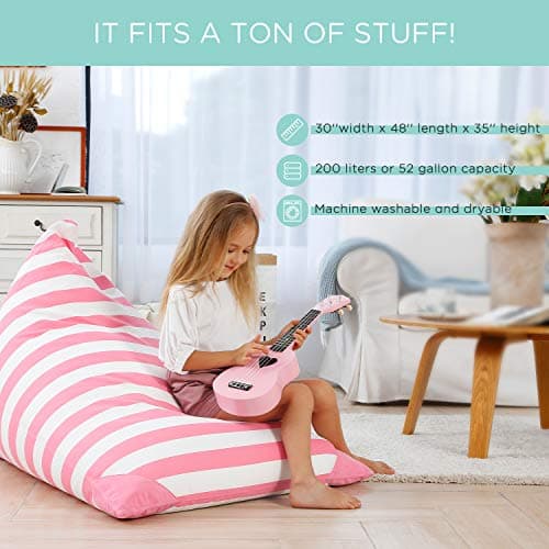 Aubliss Stuffed Animal Storage Bean Bag Chairs Cover, 50"x 35" Extra Large Bean Bags Chair for Kids & Adults, Beanbag Toy Storage for Boys Girls - Premium Cotton Canvas Pink Stripe - Thumbnail 4