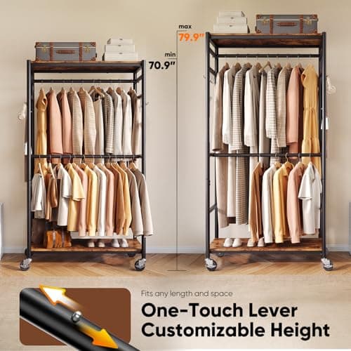 HOKEEPER Heavy Duty Rolling Clothes Rack, Metal Closet Organizer with Wood Shelves, Adjustable 70.9"~79.9" H x 39.3" W Freestanding Wardrobe for Bedroom, Max Load 450 LBS - Thumbnail 6
