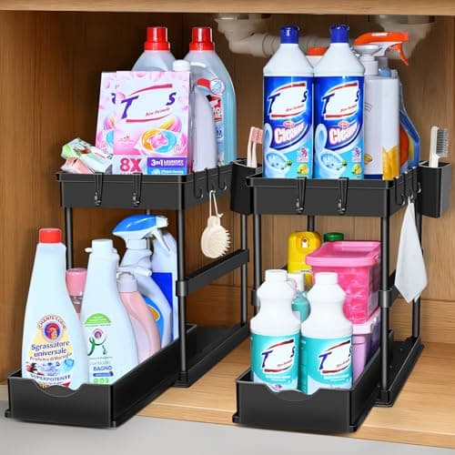 JPart Under Sink Organizer, Kitchen Organizers and Storage, 2-Tier Bathroom Cabinet Organizer with Sliding Drawers, Thickened Construction with Hooks Hanging Cup for Kitchen & Bathroom, 2 Pack - Image 1
