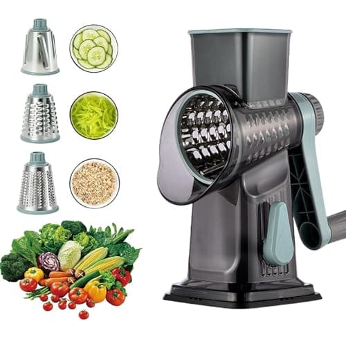 Spylandy Rotary Cheese Grater, 3-in-1 Manual Vegetable Slicer with Handle, Safer Kitchen Mandoline Shredder with Suction Base for Cheese, Nuts, Potatoes & Salads – Easy to Clean (Smoke Grey) - Image 1