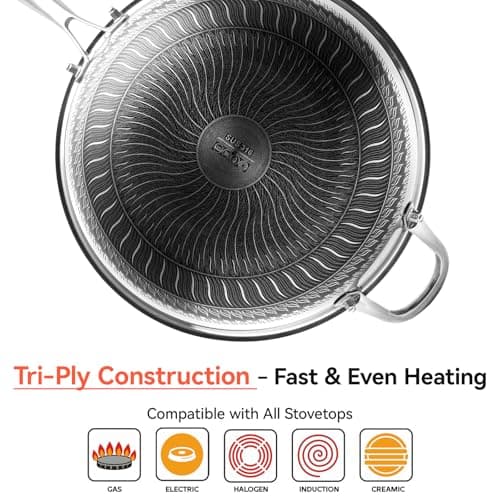WANGYUANJI Stainless Steel Wok Pan with Lid, 12.6 Inch Honeycomb Hybrid Nonstick Stir Fry Pan, Tri-Ply Clad Skillet for Induction Electric Gas Stove, Dishwasher Safe, No Seasoning Needed (Serves 3-4) - Thumbnail 3