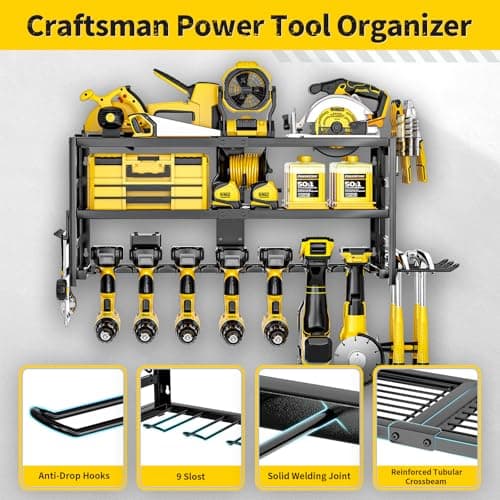 SEENWUUN Power Tool Organizer Wall Mount Heavy Duty 320 lbs, 3 Layers Storage Rack with 9 Drill Holders & Battery Storage, cordless tool organizer for Garage, Workshop & Tool Room - Thumbnail 5