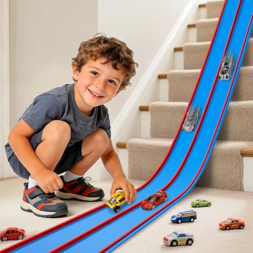 Flexible Race Track Toys for Kids, 15 Ft Flex Tracks Starter Set with Strong Suction Cups - Compatible with Hot Wheels and Diecast 1/64th Cars, Rolls up Portable Race Car Ramp Track (Red Blue) - Image 1