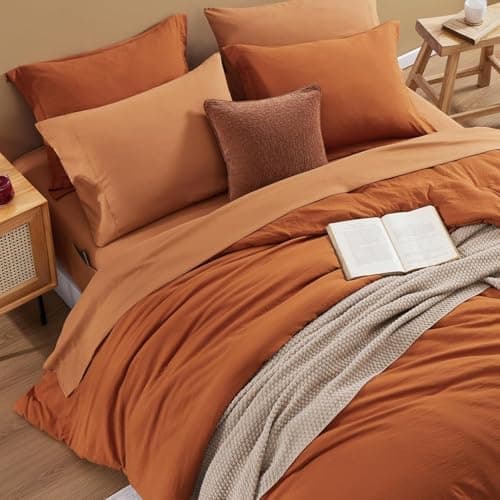 WRENSONGE King Size Comforter Sets- 7 Pieces Soft Burnt Orange Bed in a Bag King with Fitted Sheet, Flat Sheet 2 Pillow Shams, and 2 Pillowcases- Warm Bedding Set for All Season - Thumbnail 2