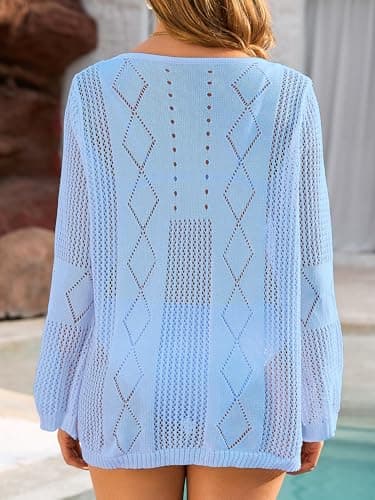 VIAURBE Womens Bathing Suit Coverups Sexy Scoop Neck Long Sleeve Knit Bikini Cover Ups for Women Beach Dresses Light Blue L - Thumbnail 6