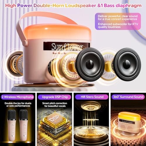 Karaoke Machine for Kids & Adults with 2 Wireless Mics 2400mAh Portable Bluetooth Karaoke Speaker with Timer White Noise & Night Light High Power Dual Speaker LED Display Home & Outdoor Party - Pink - Thumbnail 4