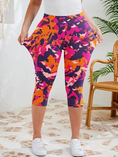 AusLook Plus Size Capri Leggings for Women with Pockets High Waisted Tummy Control Cropped Rosy Clouds 3X Leggings Buttery Soft Stretch Casual Lounge Workout Pants - Thumbnail 4