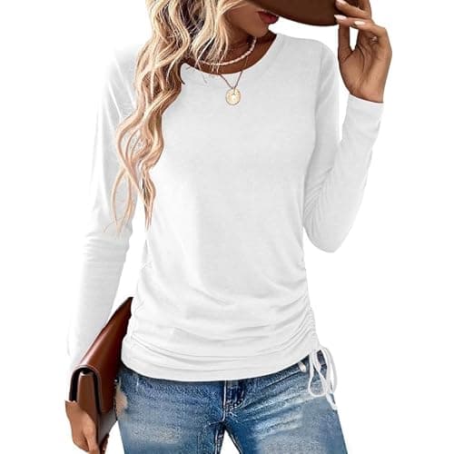 AIZHINENG Womens Long Sleeve Shirts Crewneck Tops Casual Fall Spring Trendy T-Shirts Outfits Clothes 2025 White - Image 1