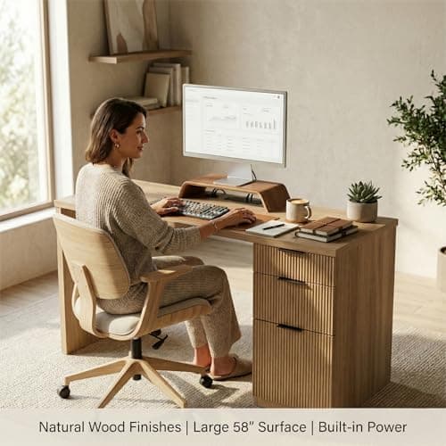 FURSUN 58" Home Office Desk with Power Outlet & File Cabinet, Modern Fluted Executive Desk with 3 Storage Drawers, Large Computer Workstation for Study & Bedroom, Oak - Thumbnail 3