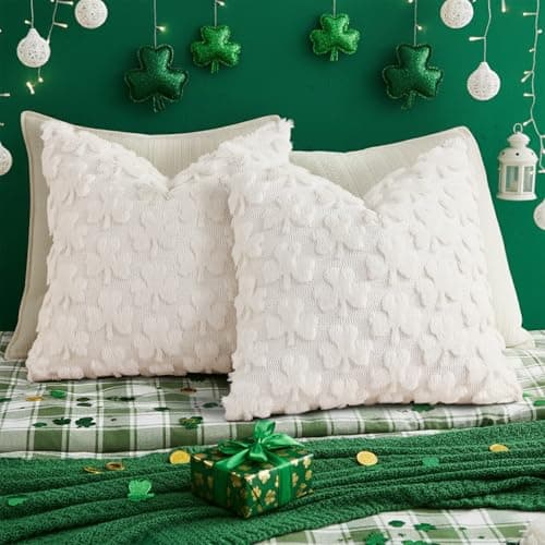 decorUhome Faux Fur Throw Shamrock Cream White Pillow Covers 20X20 Set of 2 - Thumbnail 5