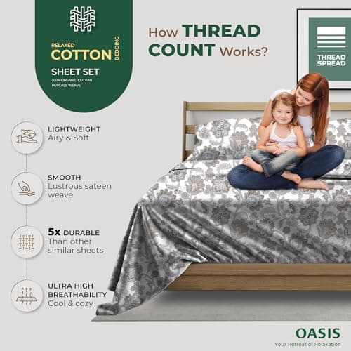 THREAD SPREAD 100% Organic Cotton Sheets King Size - Organic Cotton Percale Weave Sheet Set (4 PC, Floral Ivory), Soft, Cooling, Crisp & Breathable, 16" Deep Pocket Hotel Quality Bedding Set - Thumbnail 2