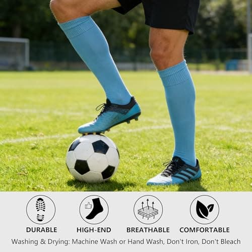 Dsource 2 Pairs Soccer Socks Men, Soccer Grip Socks Over the Knee Baseball Socks,Sky Blue L - Thumbnail 6