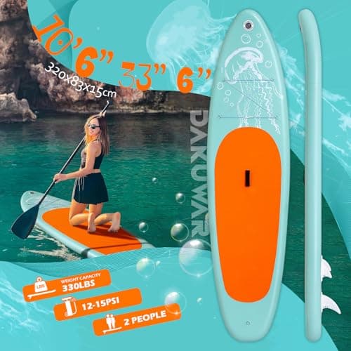 DAKUWAR Paddle Board 10'6''x33''x6'' Inflatable Stand Up Paddle Boards with SUP Accessories Ultra-Light Paddleboard Non-Slip Comfort Deck for Adults & Youth of All Skill Levels (Green and Orange) - Thumbnail 2