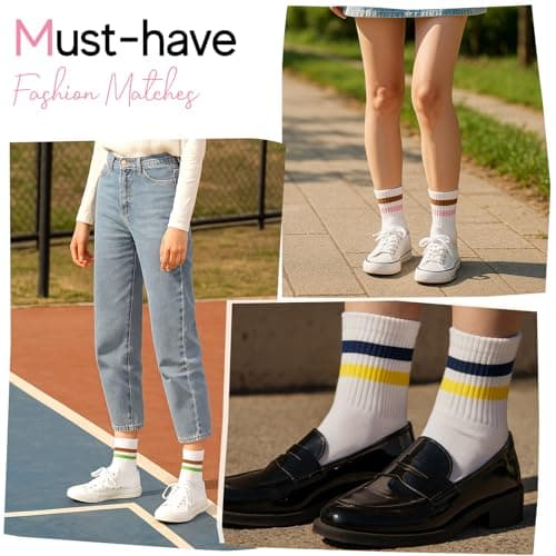 HONGTEYA Cotton Crew Socks for Women Cute Retro Striped Socks 5 Pairs with Arch Support Casual Athletic Vintage (Multicolor) - Thumbnail 2