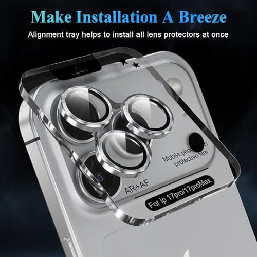 YWXTW Camera Lens Protector for iPhone 17 Pro/iPhone 17 Pro Max, [1 Step Installation Tray] Tempered Glass Screen Protector Metal Individual Camera Cover Accessories Case Friendly (Silver) - Thumbnail 5