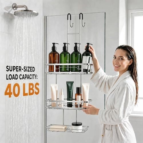 OMAIRA Over The Door Shower Caddy, 3-Tier Hanging Shower Organizer with 8 Hooks & Soap Holder, Height-Adjustable Rustproof Bathroom Shelf for Shower Door, No Drilling Storage Rack, Sliver - Thumbnail 4