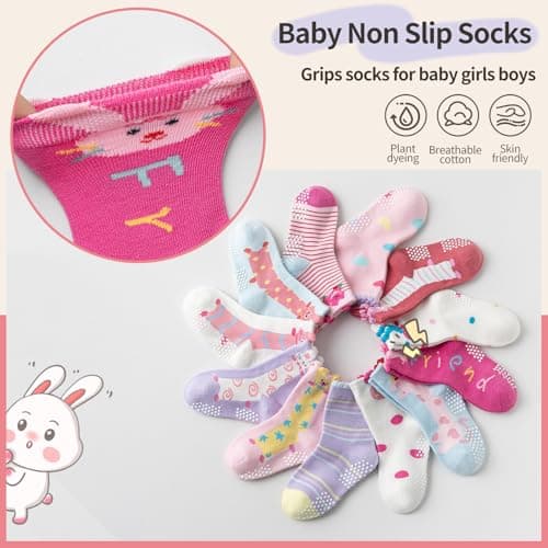 ORVYTHA 12 Pairs Baby Girls Boys Toddlers Kids Grips Socks Non-Slip/Anti-Skid Funny Cartoon Breathable Cotton Crew Socks - Thumbnail 5