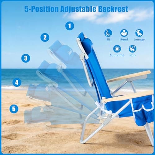 SUNNYFEEL Tall Beach Chair, Reclining Beach Chair with 5-Position, Portable Camping Chair for Adults with Wood Armrest, Lightweight Camping Chair 300 lbs Heavy Duty, Blue - Thumbnail 5