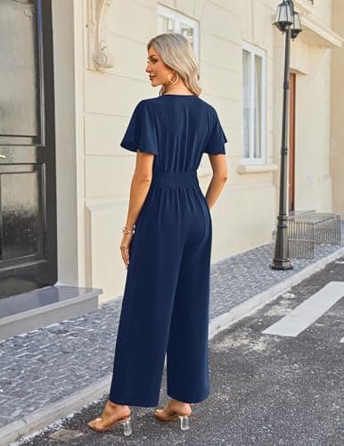 LOOKBOHO Summer Jumpsuits for Women Dressy Casual Ruffle Short Sleeve Button V Neck Wide Leg Romper One Piece Outfits - Thumbnail 3