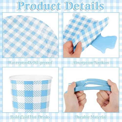 NatNarr 175 Pcs Gingham Paper Plates, Boy Baby Shower Decorations Include Blue Gingham Plates and Napkins Cups Disposable Blue Dinnerware for Picnic, Wedding, Birthday - Thumbnail 3