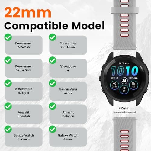 Velocarer Watch Band for Garmin Forerunner 265/Forerunner 255/Vivoactive 4/Venu 3/Venu 2, 22mm Quick Release Silicone Sport Bands, Light Gray & Red - Thumbnail 2