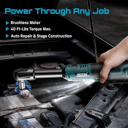 Seesii Extended Cordless Electric Ratchet Wrench 3/8", 40 Ft-lbs Torque, 6" Long Neck, 220RPM, 2 Pack 2.0Ah Battery, Fast Charger, 1/4 Drive Adapter, 7 Sockets, for Car Repair, DIY - Thumbnail 3