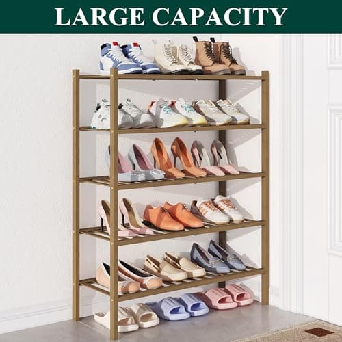 Smiry Bamboo Shoe Rack for Closet, 5 Tier Wooden Stackable Shoe Organizer, Free Standing Shoes Storage Shelf for Entryway, Front Door Entrance, Walnut - Thumbnail 5