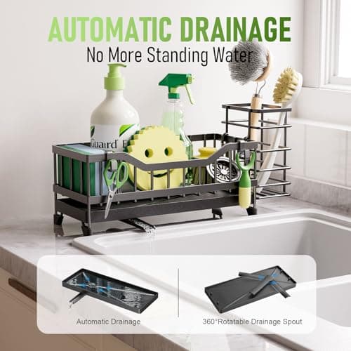 Sponge Holder for Kitchen Sink, Kitchen Sink Caddy with Long-Handled Dish Brushes Holder, 304 Rustproof Stainless Steel Countertop Organizers and Storage, Home Kitchen Sink Accessories (Black) - Thumbnail 3