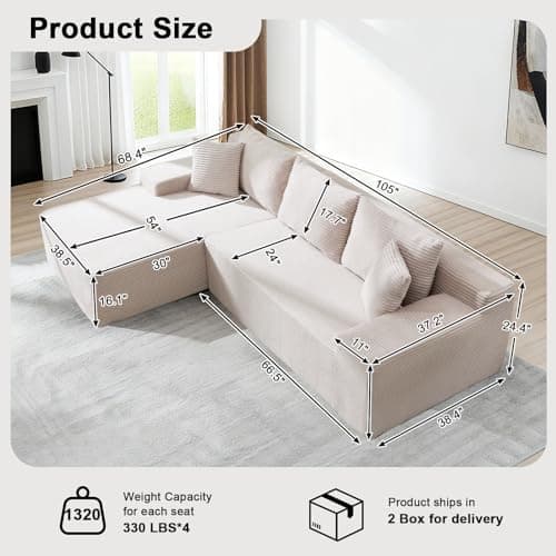 105" Cloud Modular Sectional Couch with L-Shape Chaise, Upholstered Corduroy Couches for Living Room, No Assembly Required Deep Seat Boneless Sofa (Beige, Left Facing Chaise) - Thumbnail 2