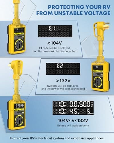 Kohree RV Surge Protector 50 Amp, RV Power Surge Voltage Protection, RV Adapter Plug with Real-Time Circuit Analyzer Smart Auto Shut Off LED Large Screen for Travel Trailers Camper, 50A 16000J-Yellow - Thumbnail 6