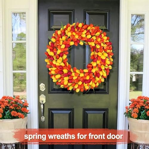 Tulip Wreath Spring Wreaths for Front Door Zmtyykh Artificial Floral Door Wreath for Valentine’s Day Easter Summer Decor for Outdoor Indoor Window Wall Front Porch Farmhouse Home 22" Red Orange Yellow - Thumbnail 6