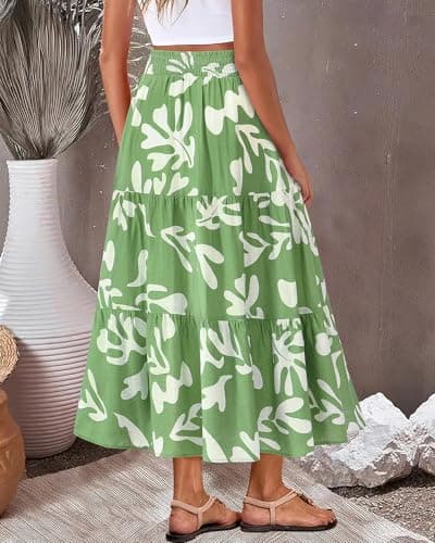 BTFBM Skirts for Women Summer 2026 Floral Print A Line Elastic High Waist Boho Maxi Skirt Spring Fashion Clothing Pocket(Leaf Green, XX-Large) - Thumbnail 5