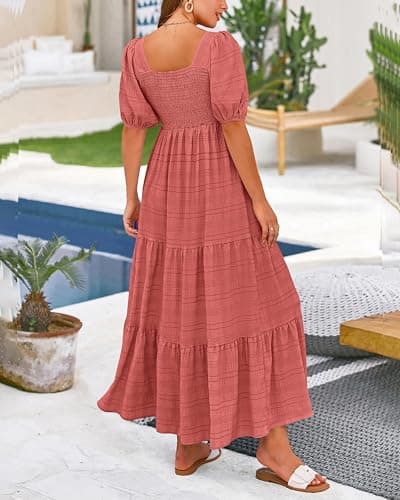 PRETTYGARDEN Women's Summer Dresses 2026 Puff Sleeve Square Neck High Waist Smocked A-Line Flowy Loose Fit Midi Dress(Bean Paste Pink,XX-Large) - Thumbnail 5